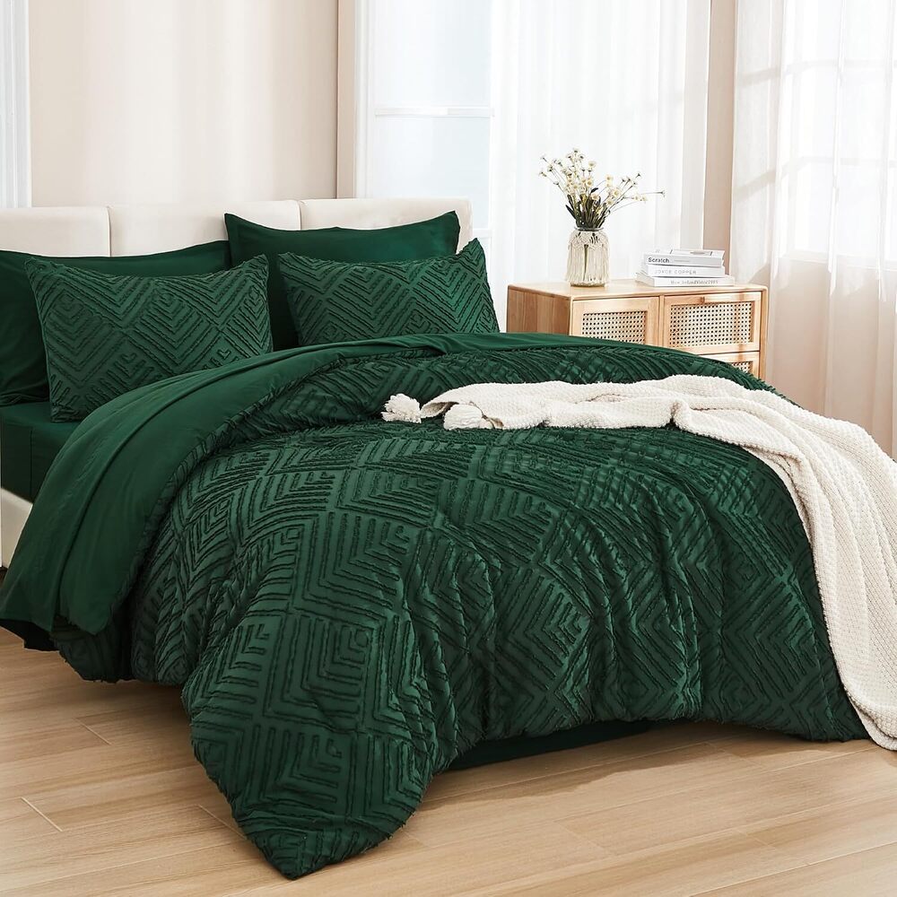 King Size Comforter Set 7 Pieces Dark Emerald Green - Bed in a Bag King